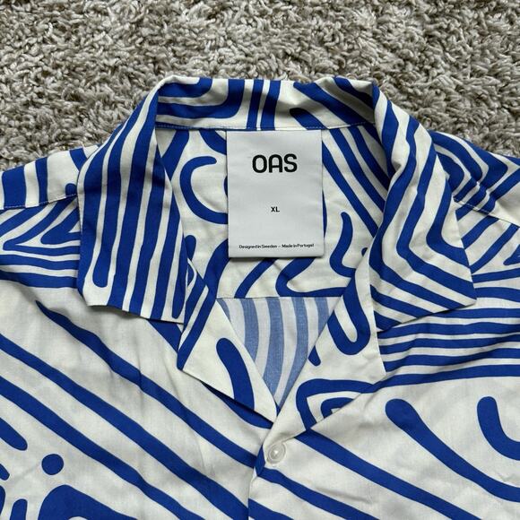 OAS Viscose Eldovado Geometric Blue White Button Up SS Shirt Men’s Size XL - Picture 2 of 7